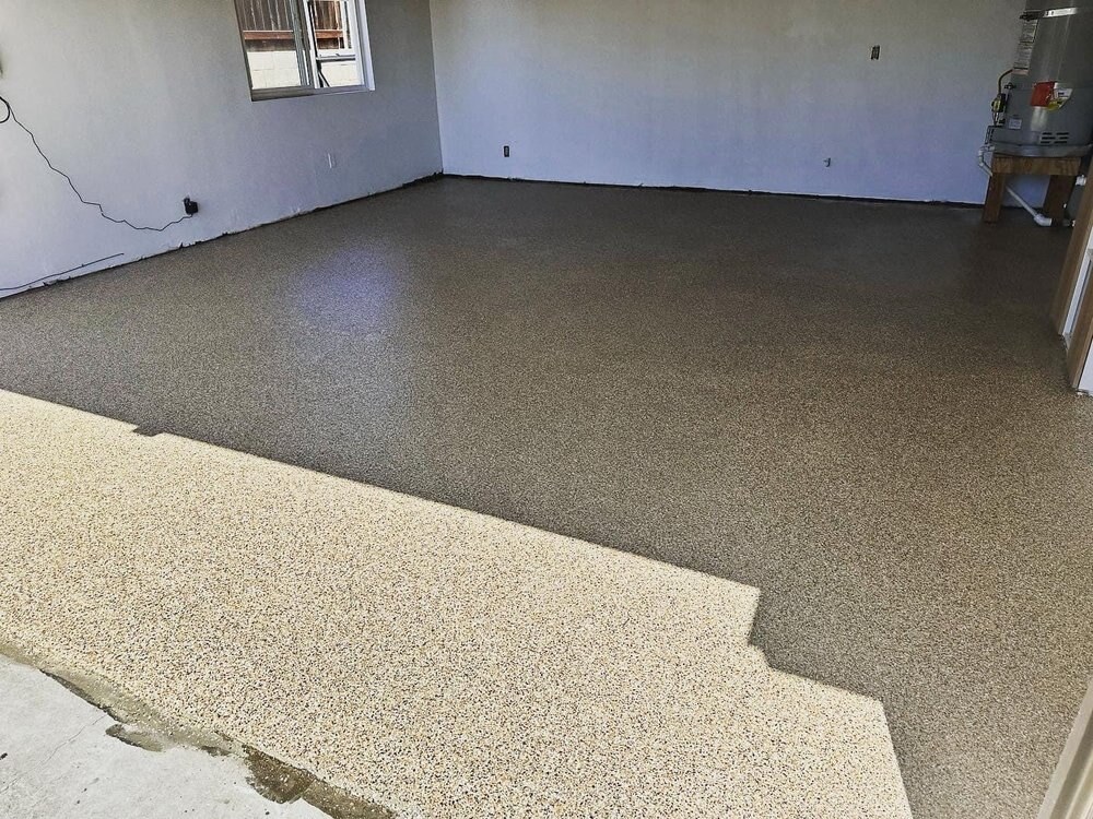 Epoxy chip flake flooring installed in San Diego, CA by Turbo Surfacing Solutions Epoxy chip flake flooring installed in San Diego, CA by Turbo Surfacing Solutions